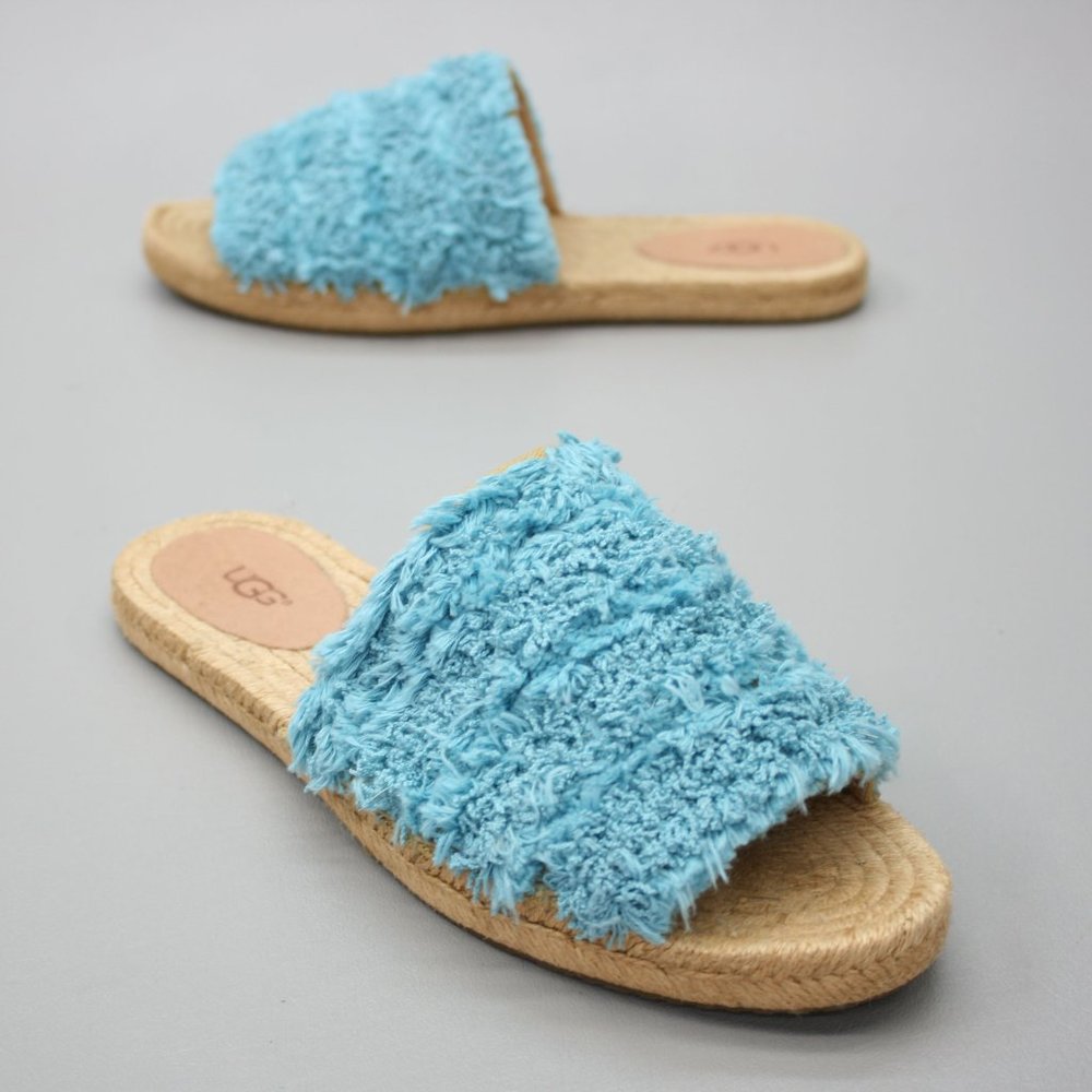 Ugg Australia Ladies 8.5 Edith Slide Blue Yarn Fringe Slip-on Sandals 1090849